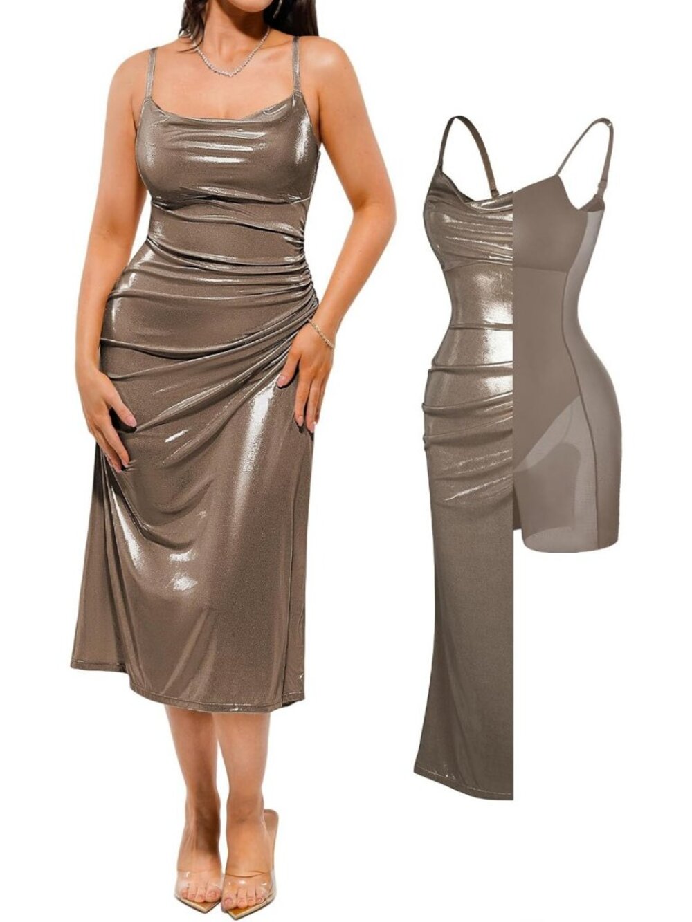 Elegant Midi Dress with Built-in Bra, Ruched Cowl Neck Evening Gown, Sparkly